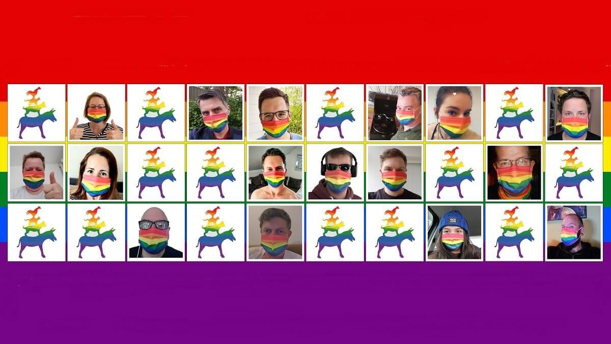 Die CSD Bremen 2020 Collage besteht aus 30 kleinen Selfies mit verschiedenen Menschen, die alle eine CSD Bremen Regenbogenmaske tragen, auf einem Regenbogen im Hintergrund.