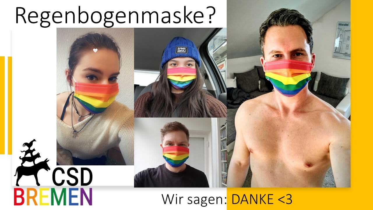 Klein-Collage aus vier Selfis mit Speender*innen, die ihre CSD Bremen Regenbogenmaske ausgesetzt haben