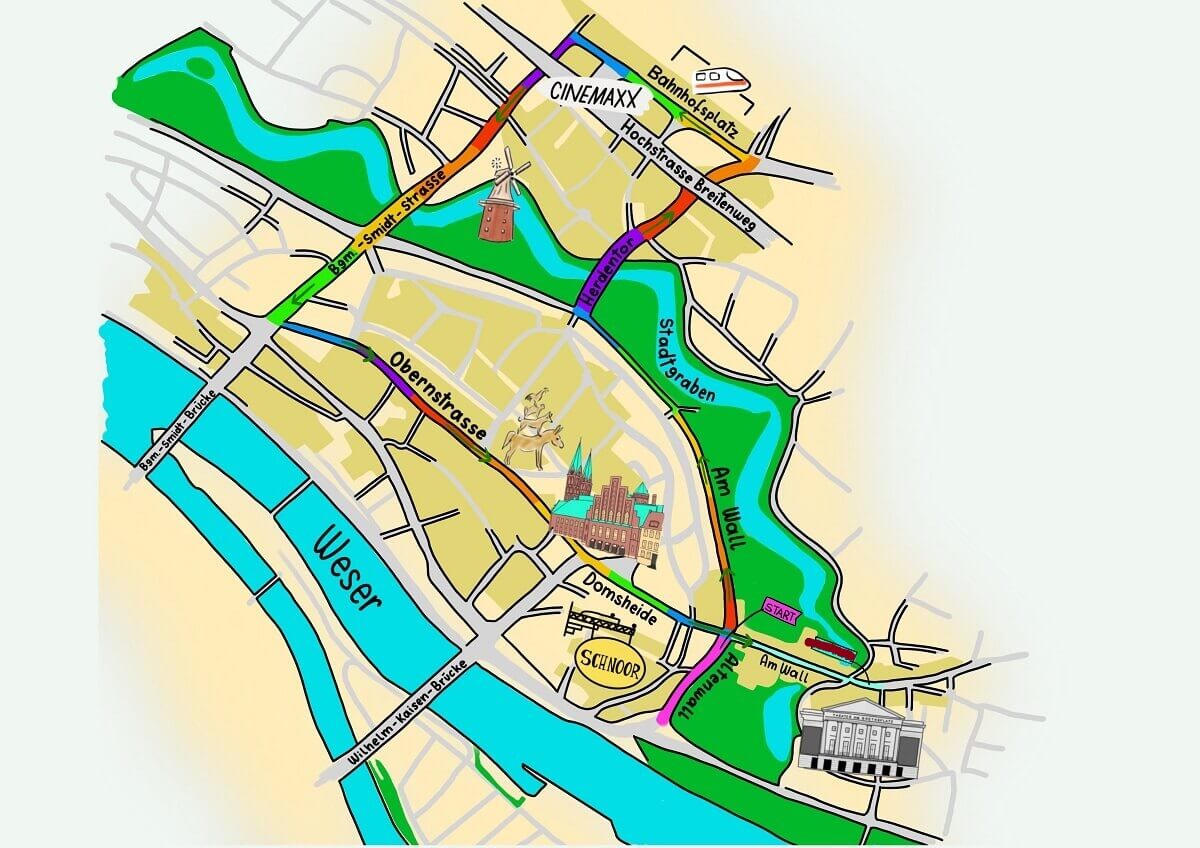 Das Foto zeigt eine bunte selbstgemalte Landkarte der Bremer Altstadt