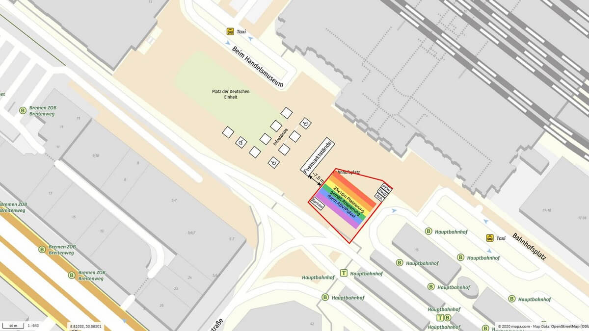 Landkarte des Bahnhofsplatzes auf dem eine riesiege Regenbogenflagge mit den Maßen 25 mal 15 Meter auf dem Boden des Bahnhofsplatz eingezeichnet ist