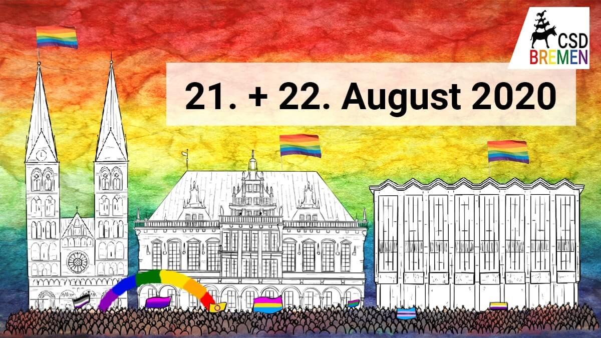 Auf dem von Hand gezeichneten Bild ist der Bremer Dom, das Rathaus und die Bremische Bürgerschaft vor einem großen Regenbogenhimmel zu sehen. Die Gebäude sind schwarzweiß gezeichnet vor denen Sich eine große bunte Menschenmenge mir verschiedenen Pride-Flaggen wie die Regenbogen und Trans-Flagge demonstrierend befinden.